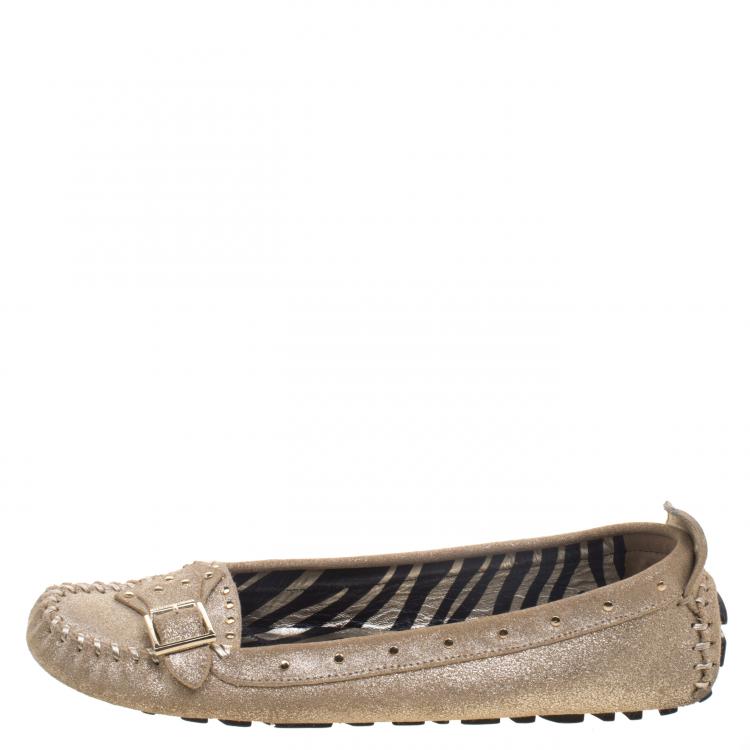 Pre Owned Jimmy Choo Gold Metallic Studded Leather Loafers Size 41