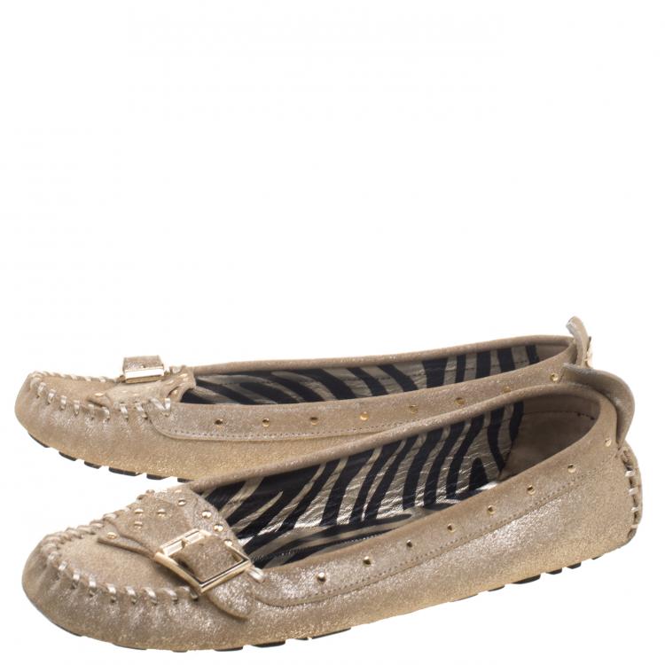 Pre Owned Jimmy Choo Gold Metallic Studded Leather Loafers Size 41