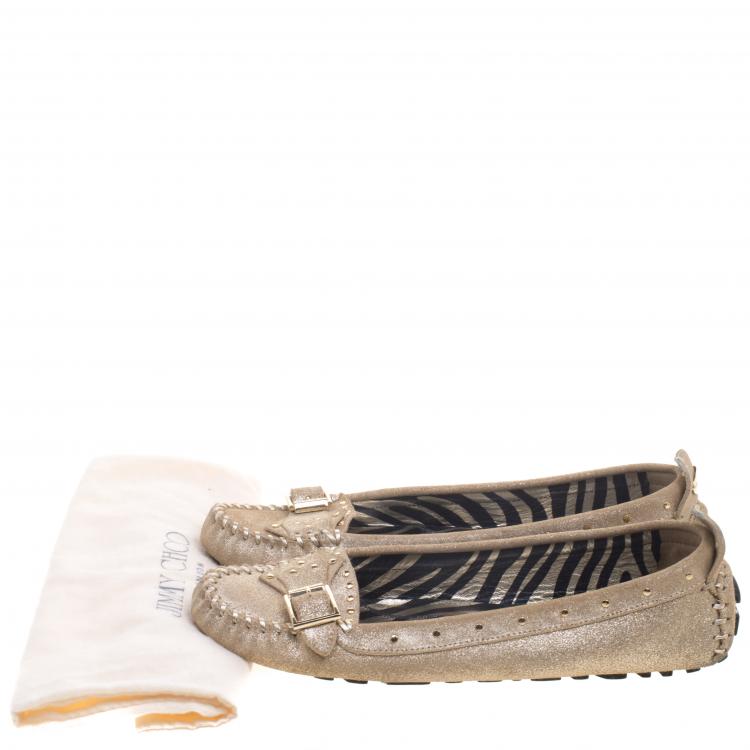 Pre Owned Jimmy Choo Gold Metallic Studded Leather Loafers Size 41