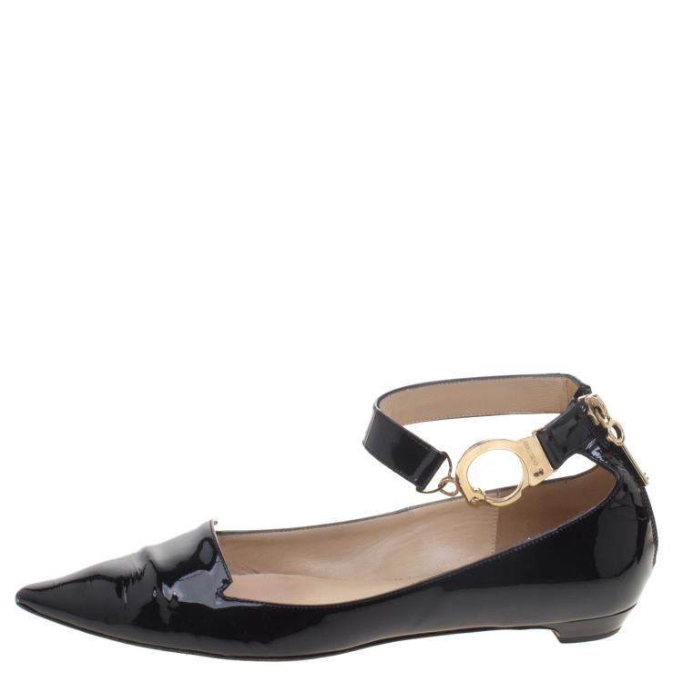 Pre Owned Jimmy Choo Black Patent Leather Devise Ankle Strap Pointed Toe Flats Size 39.5