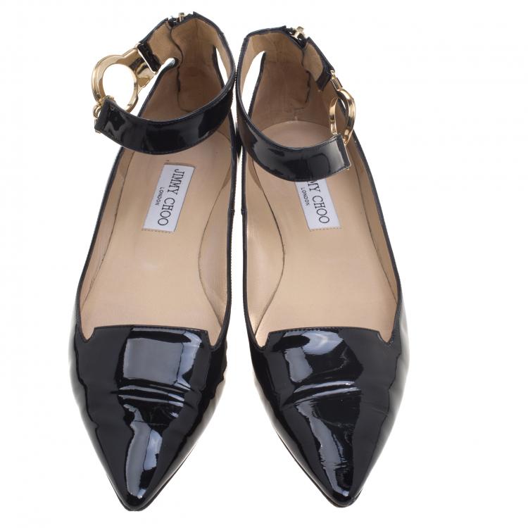 Pre Owned Jimmy Choo Black Patent Leather Devise Ankle Strap Pointed Toe Flats Size 39.5