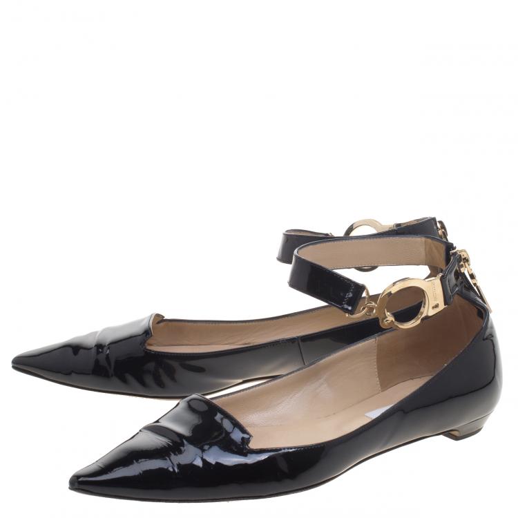 Pre Owned Jimmy Choo Black Patent Leather Devise Ankle Strap Pointed Toe Flats Size 39.5