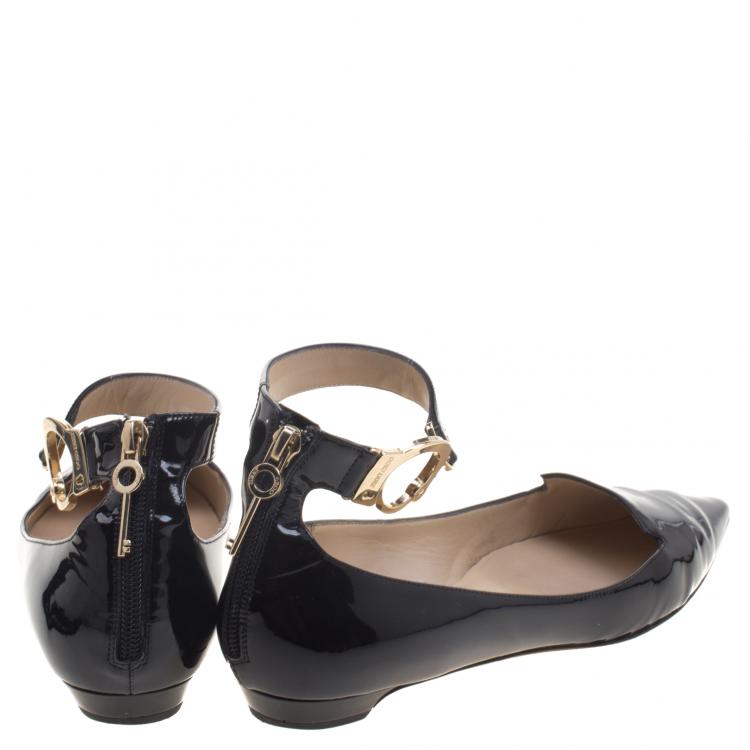Pre Owned Jimmy Choo Black Patent Leather Devise Ankle Strap Pointed Toe Flats Size 39.5