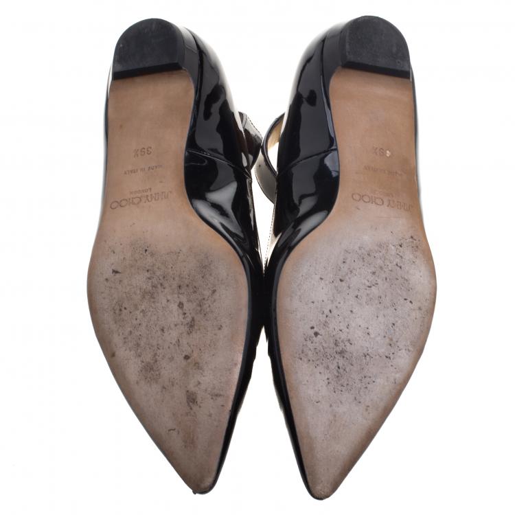 Pre Owned Jimmy Choo Black Patent Leather Devise Ankle Strap Pointed Toe Flats Size 39.5