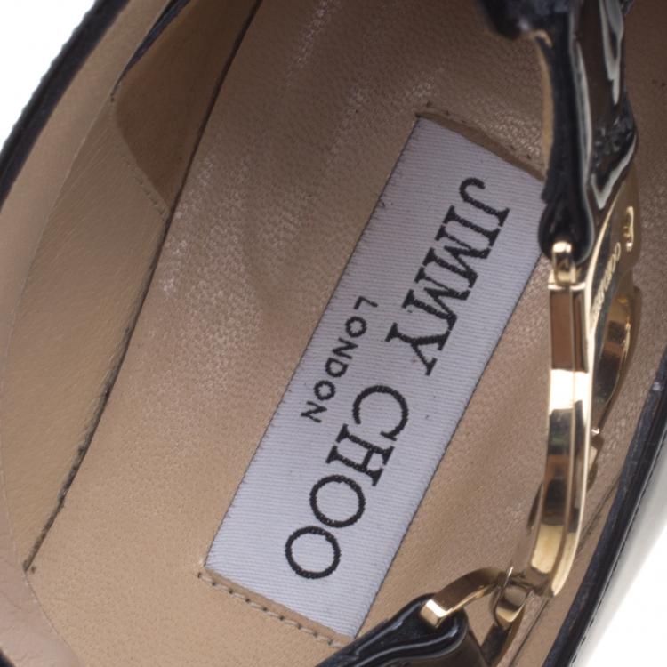 Pre Owned Jimmy Choo Black Patent Leather Devise Ankle Strap Pointed Toe Flats Size 39.5