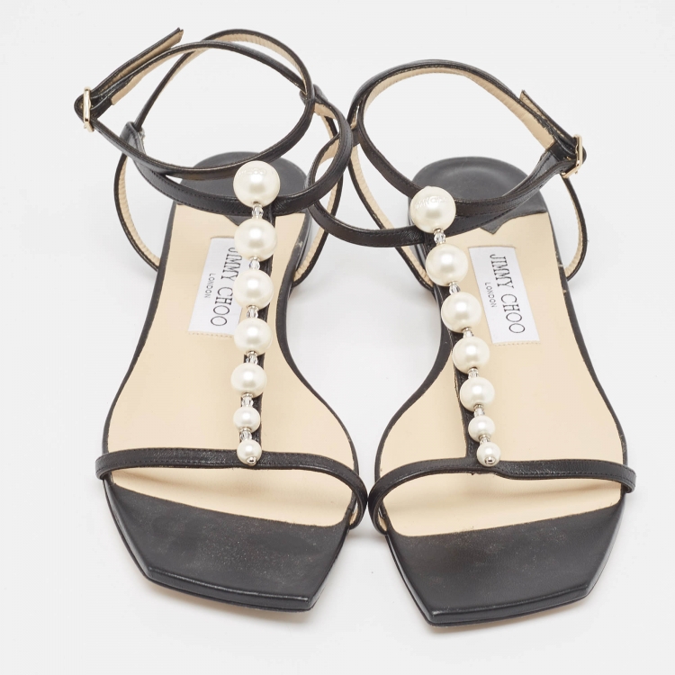 Pre Owned Jimmy Choo Black Leather Flat Slides Size 39