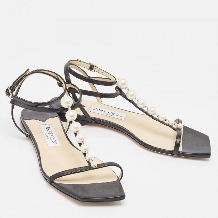 Pre Owned Jimmy Choo Black Leather Flat Slides Size 39