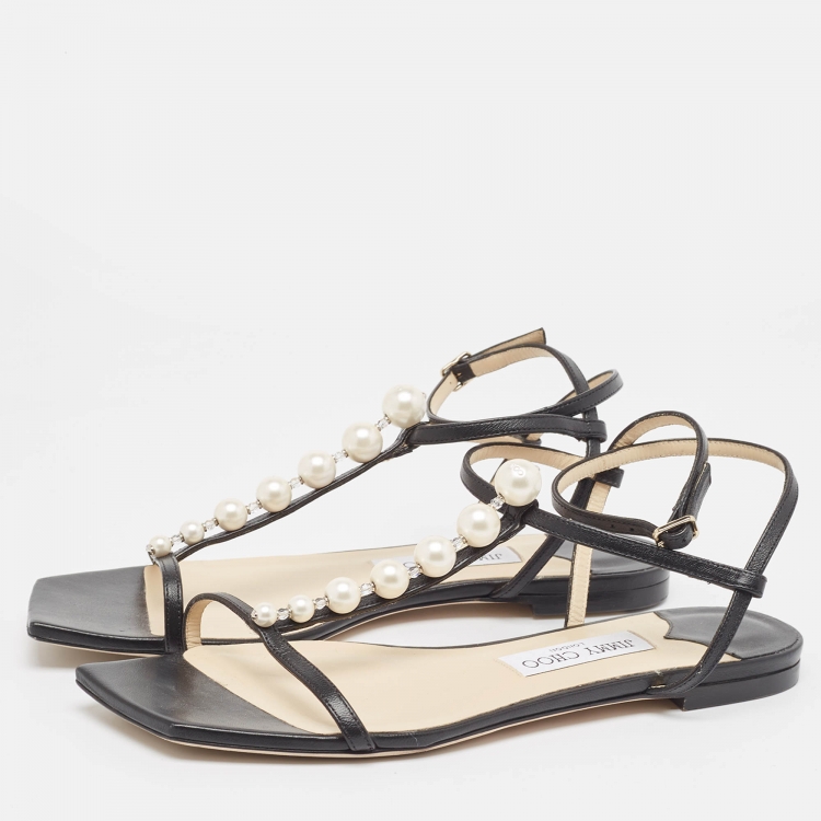 Pre Owned Jimmy Choo Black Leather Flat Slides Size 39