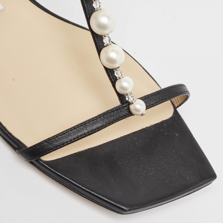 Pre Owned Jimmy Choo Black Leather Flat Slides Size 39