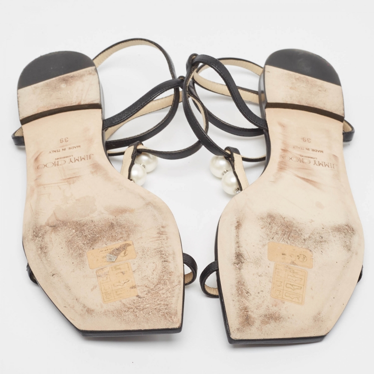 Pre Owned Jimmy Choo Black Leather Flat Slides Size 39