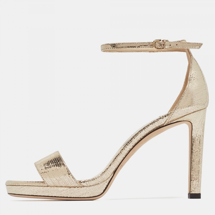 Pre Owned Jimmy Choo Gold Texture Leather  Ankle Strap Sandals Size 38.5