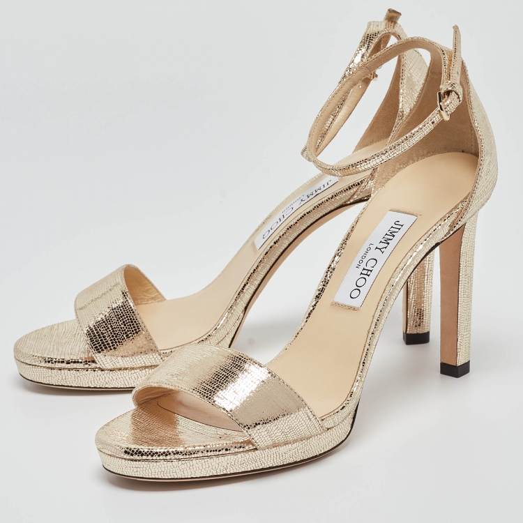 Pre Owned Jimmy Choo Gold Texture Leather  Ankle Strap Sandals Size 38.5