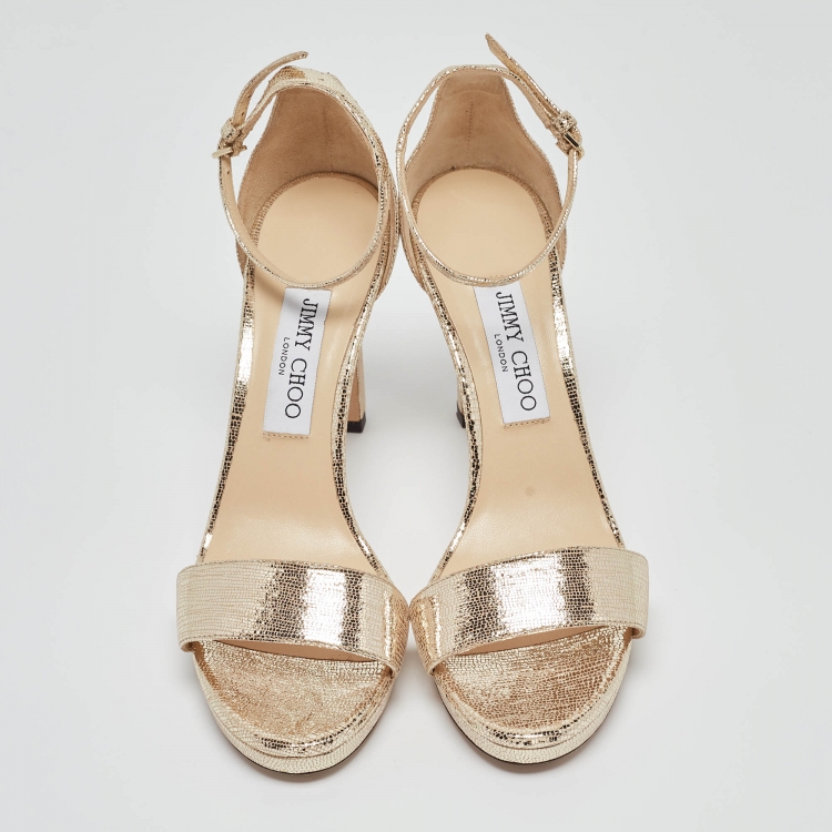 Pre Owned Jimmy Choo Gold Texture Leather  Ankle Strap Sandals Size 38.5