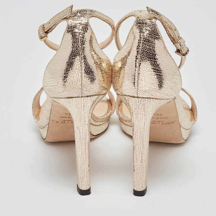 Pre Owned Jimmy Choo Gold Texture Leather  Ankle Strap Sandals Size 38.5