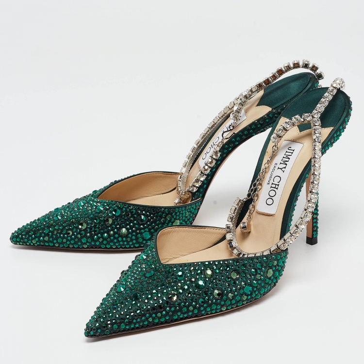 Jimmy Choo Green Satin Saeda Crystals Pumps Size 40 Jimmy