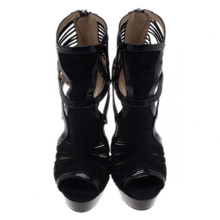 مملوكة مسبقًا Jimmy Choo Black Patent Emily Wedge Platform Booties Size 38.5