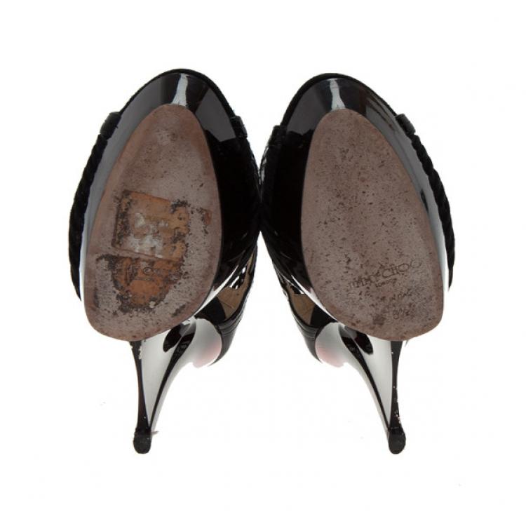 مملوكة مسبقًا Jimmy Choo Black Patent Emily Wedge Platform Booties Size 38.5