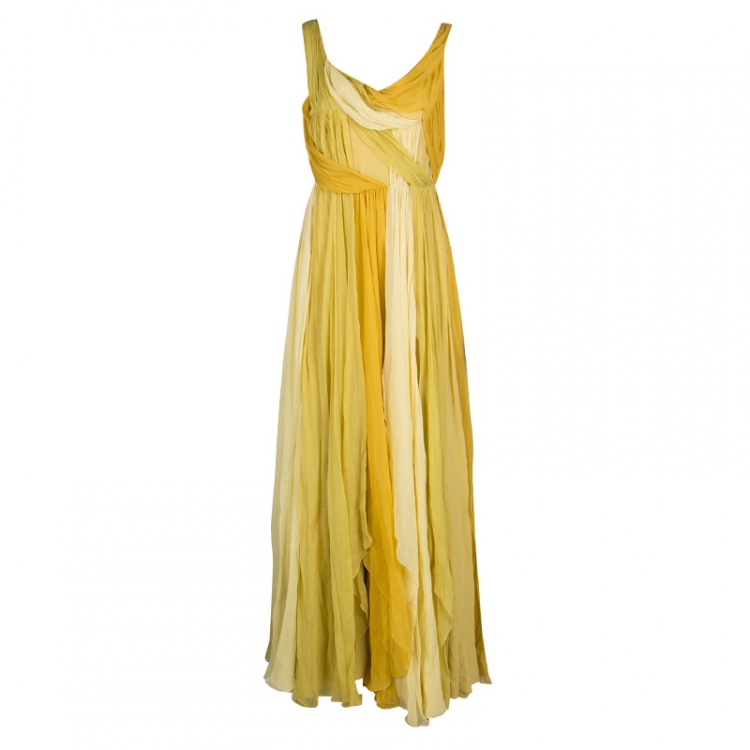 John Galliano Yellow Draped Silk Sleeveless Maxi Dress L John Galliano ...