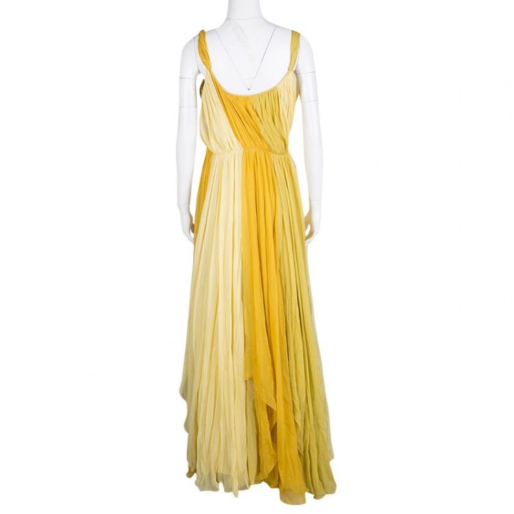 Pre Owned John Galliano Yellow Draped Silk Sleeveless Maxi Dress L