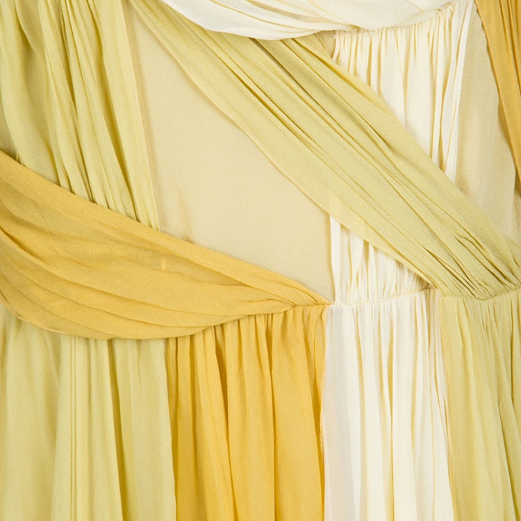 Pre Owned John Galliano Yellow Draped Silk Sleeveless Maxi Dress L