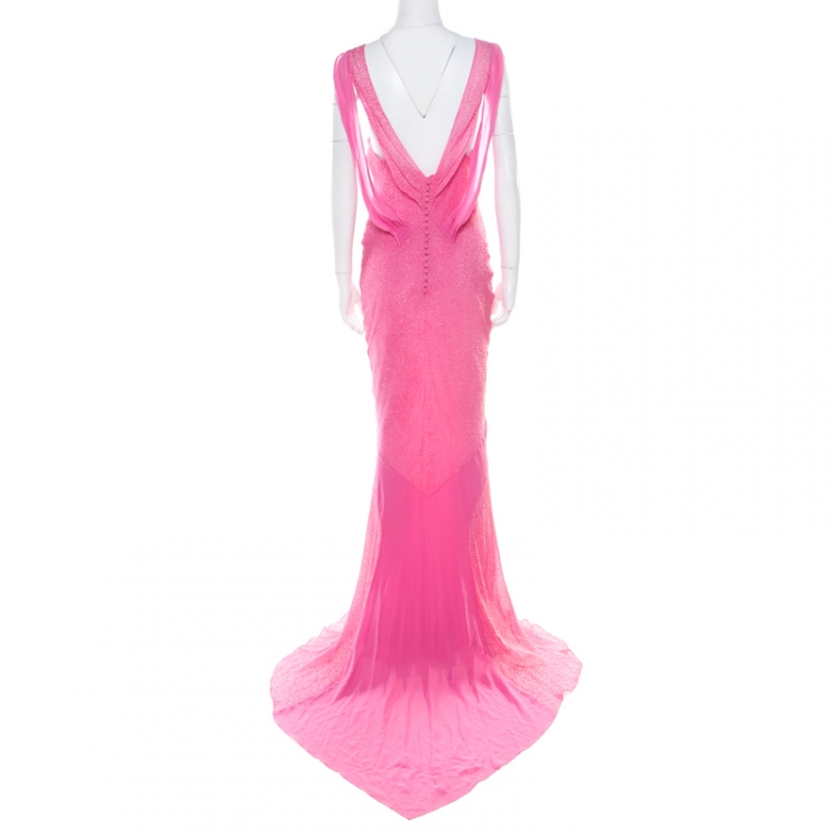 Pre Owned John Galliano Pink Textured Draped High Low Maxi Dress L