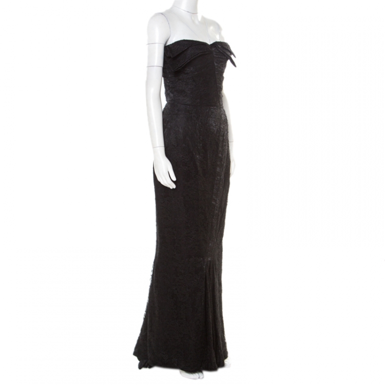 John Galliano Black Floral Lace Draped Bodice Strapless Evening Gown M John  Galliano