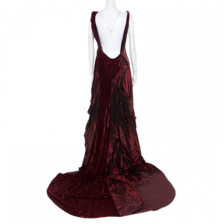 Pre Owned John Galliano Burgundy Velvet Trim Sleeveless Evening Gown M