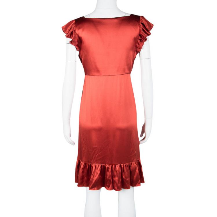 Pre Owned Joseph Red Silk Satin Ruffle Detail Sleeveless Bamako Dress L