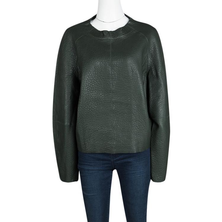 Pre Owned Joseph Forest Green Lambskin Bubble Leather Cropped Pullover L