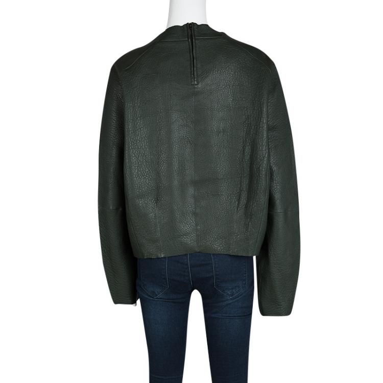 Pre Owned Joseph Forest Green Lambskin Bubble Leather Cropped Pullover L