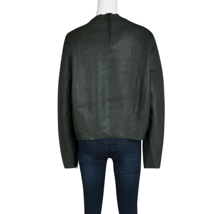 Pre Owned Joseph Forest Green Lambskin Bubble Leather Cropped Pullover M