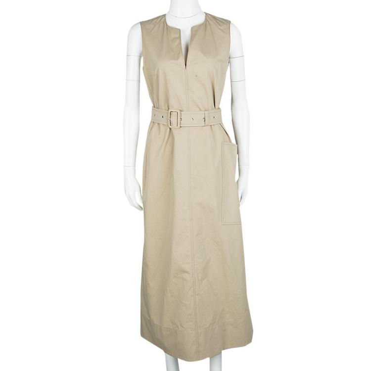 Pre Owned Joseph Beige Aged Cotton Teddy Sleeveless Belted Maxi Dress M