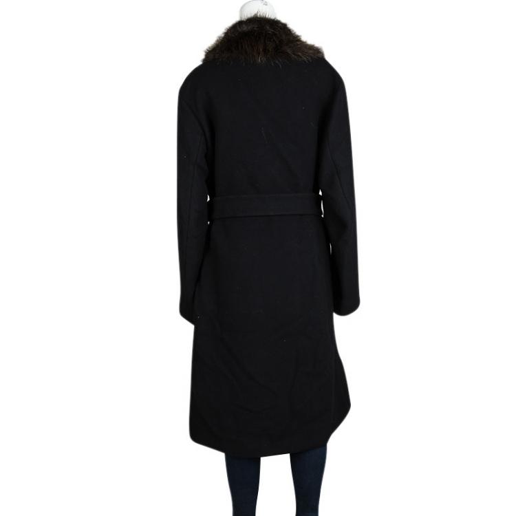 Pre Owned Joseph Black Wool Contrast Fur Collar Drap De Laine Belted Overcoat L
