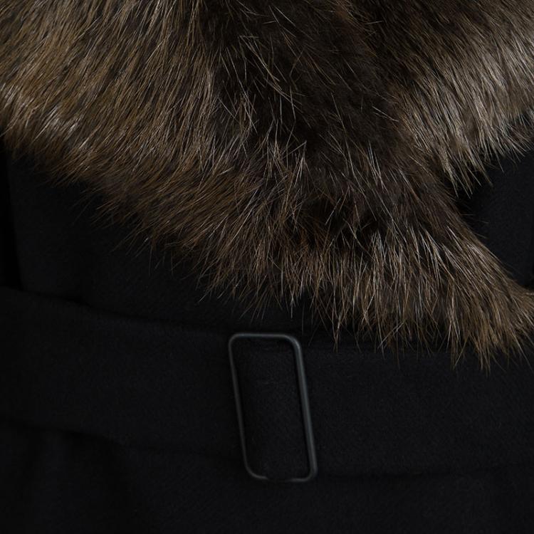 Pre Owned Joseph Black Wool Contrast Fur Collar Drap De Laine Belted Overcoat L