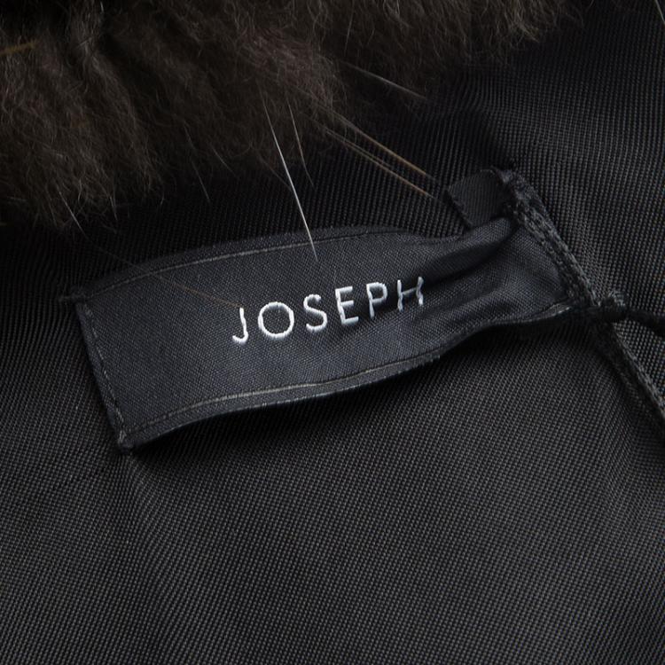 Pre Owned Joseph Black Wool Contrast Fur Collar Drap De Laine Belted Overcoat L