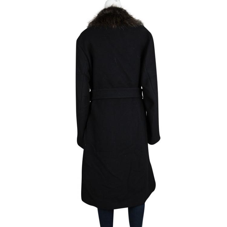 Pre Owned Joseph Black Wool Contrast Fur Collar Drap De Laine Belted Overcoat L