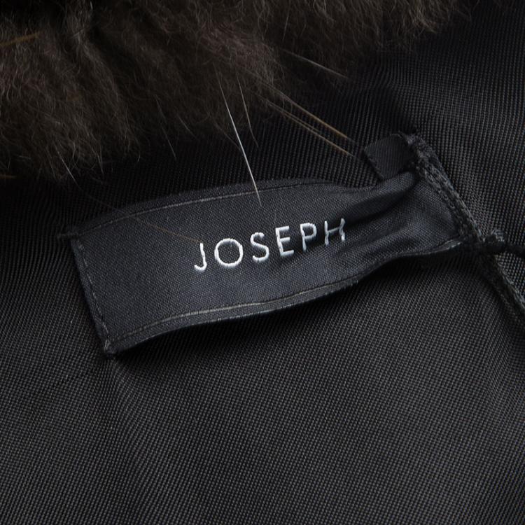 Pre Owned Joseph Black Wool Contrast Fur Collar Drap De Laine Belted Overcoat L