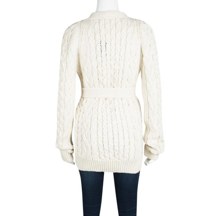 Pre Owned Joseph Cream Merino Wool Chunky Cable Knit Belted Cardigan M
