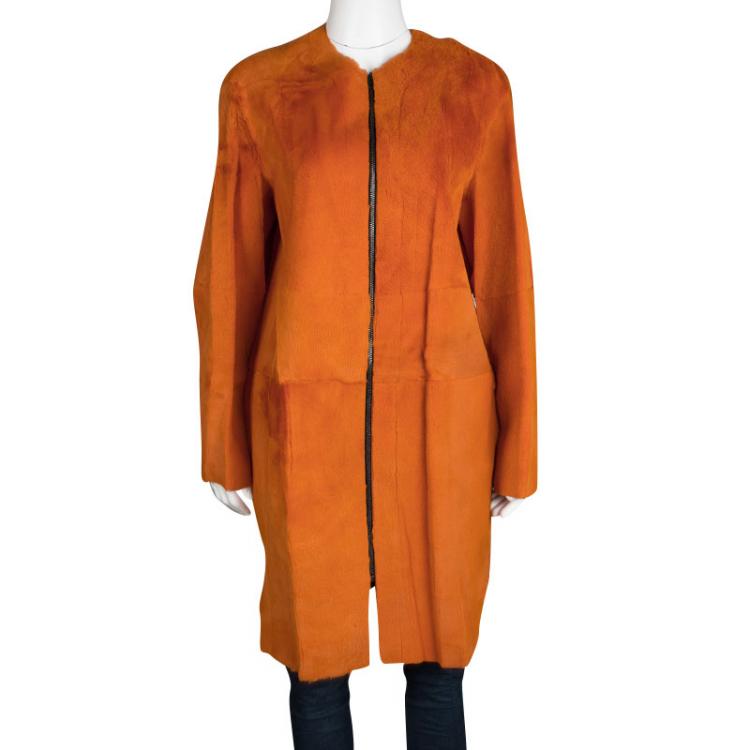 Pre Owned Joseph Orange Fur Kangaroo Skin Zip Front Sydney Coat L