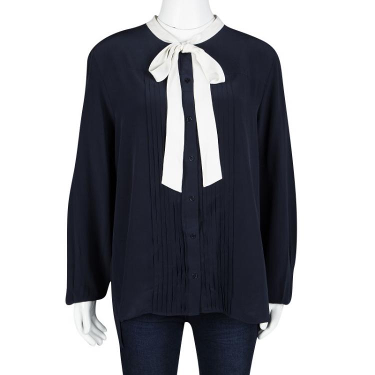 Pre Owned Joseph Navy Blue Silk Contrast Tie Detail Victoire Blouse L