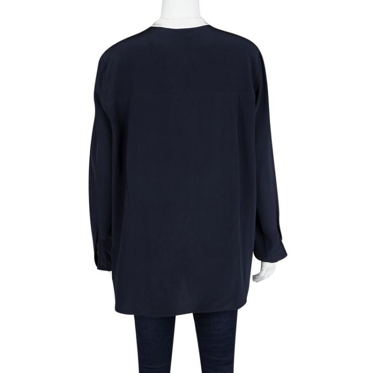 Pre Owned Joseph Navy Blue Silk Contrast Tie Detail Victoire Blouse L