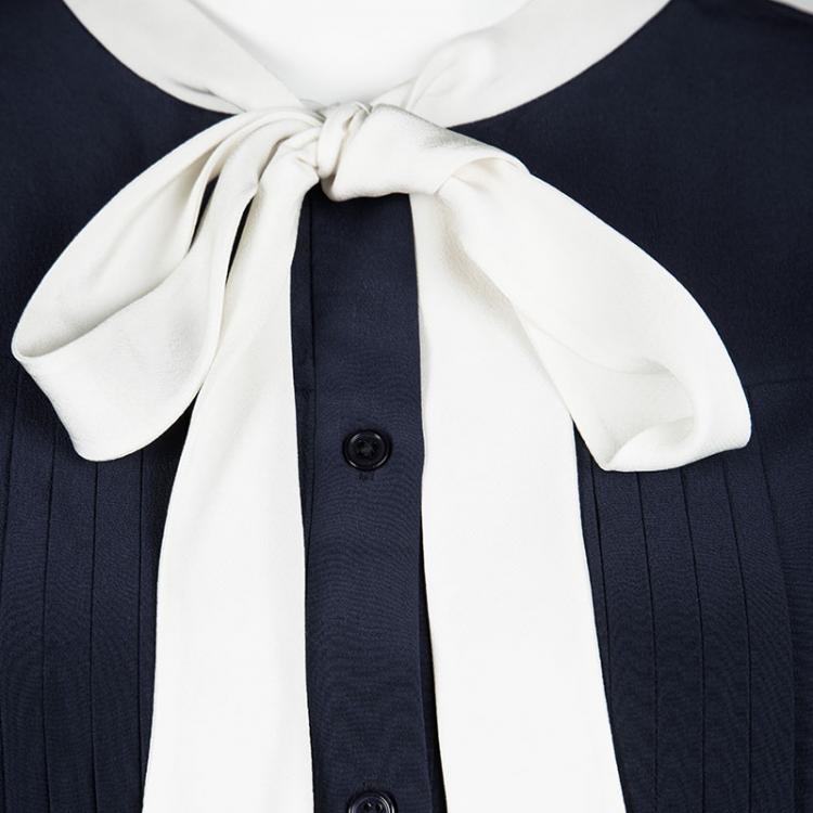 Pre Owned Joseph Navy Blue Silk Contrast Tie Detail Victoire Blouse L