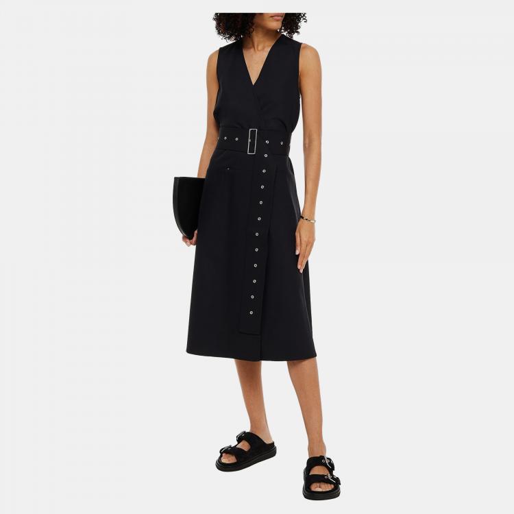 Pre Owned Joseph Black Virgin Wool Belted Midi Dress M (FR 38)