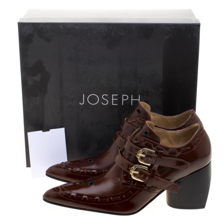 Pre Owned Joseph Brown Glossed Leather Eyelet Embellished Pointed Toe Ankle Boots Size 38.5