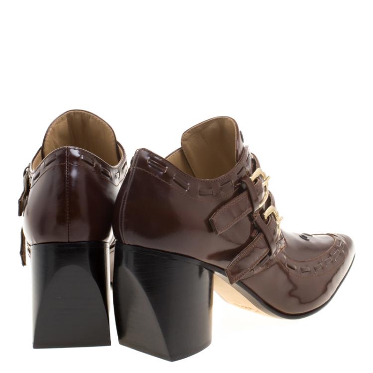 Pre Owned Joseph Brown Glossed Leather Eyelet Embellished Pointed Toe Ankle Boots Size 39.5