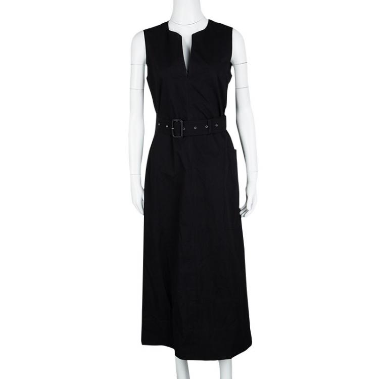 Pre Owned Joseph Black Aged Cotton Teddy Sleeveless Belted Maxi Dress M