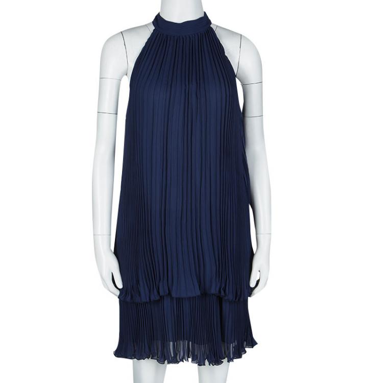 Pre Owned Joseph Navy Blue Plisse Silk Georgette Sleeveless Margot Dress M