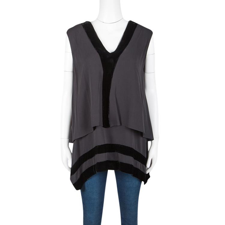 Pre Owned Joseph Grey Silk Velvet Panel Detail Layered Asymmetric Top S