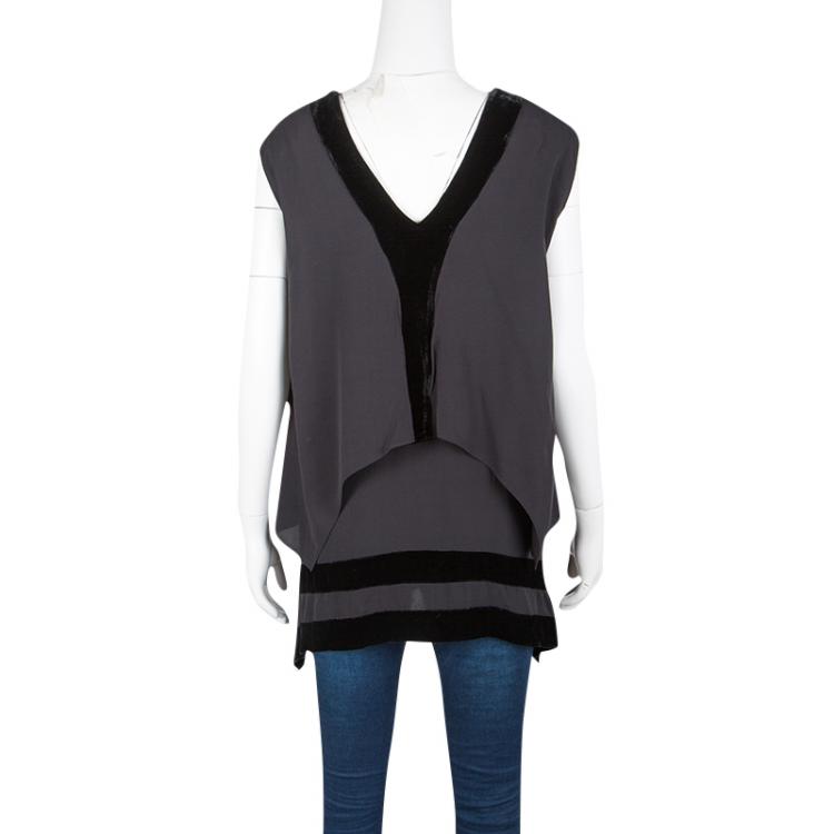 Pre Owned Joseph Grey Silk Velvet Panel Detail Layered Asymmetric Top S