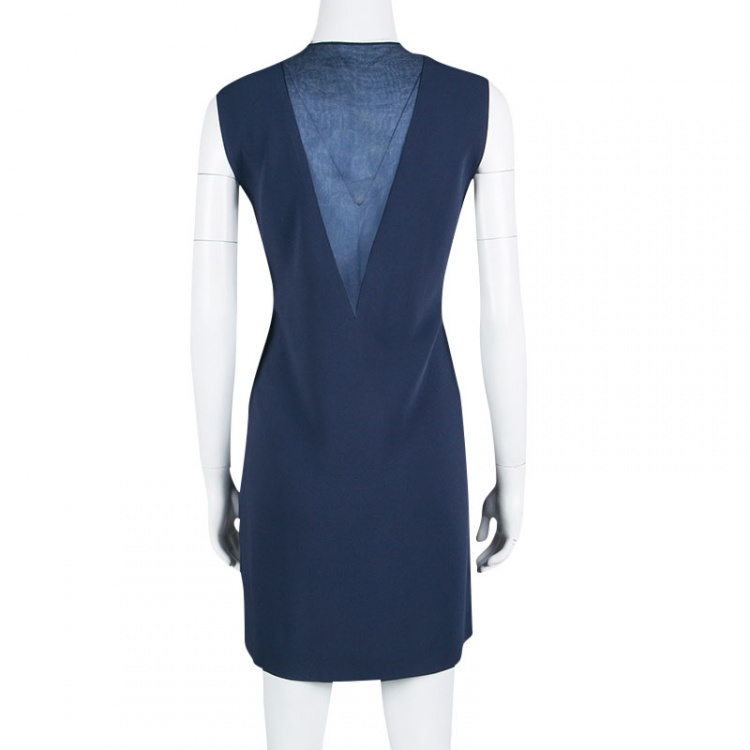 Pre Owned Joseph Navy Blue Organza Panel Fluide Crepe Sleeveless Finland Dress M